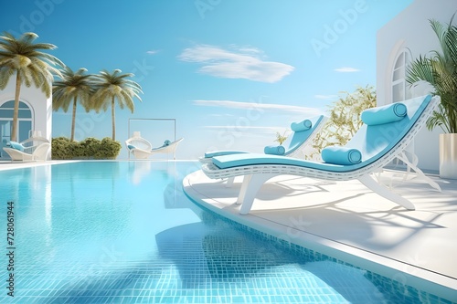 swimming pool with lounge chairs among palm trees 