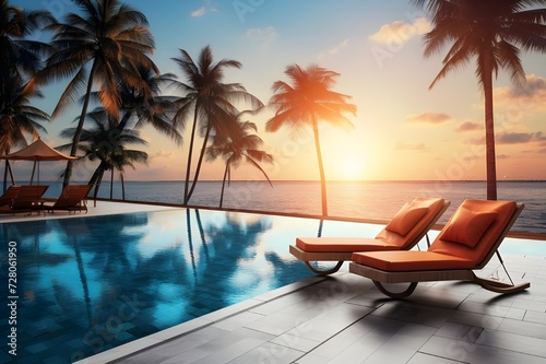 swimming pool with lounge chairs among palm trees 