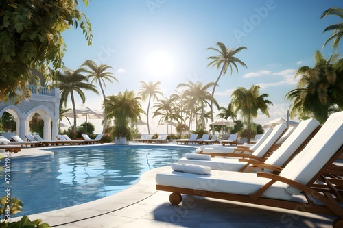 swimming pool with lounge chairs among palm trees  © Minhas