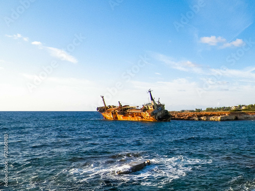 Wreck of Edro III ship on a sea coast. Coral Bay Cyprus.