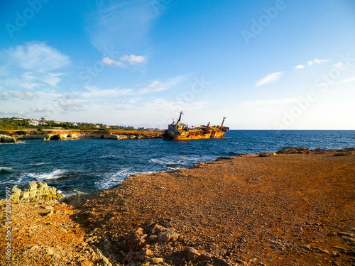 Fototapeta Naklejka Na Ścianę i Meble -  Wreck of Edro III ship on a sea coast. Coral Bay Cyprus.