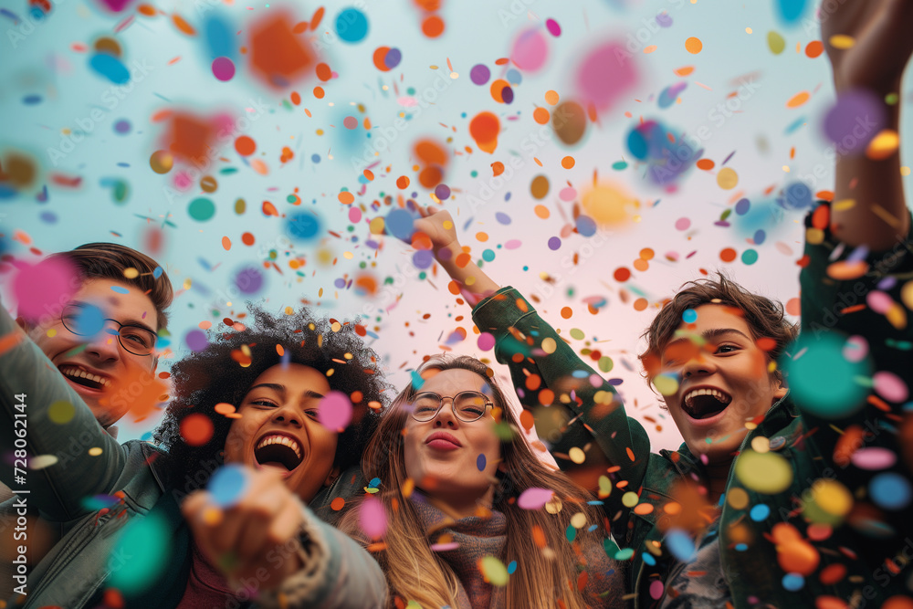 Obraz premium An image portraying a milestone celebration, Employees are commemorating achievements and successes together, A concept photograph of party and festivity, Group of young people surrounded by confetti.