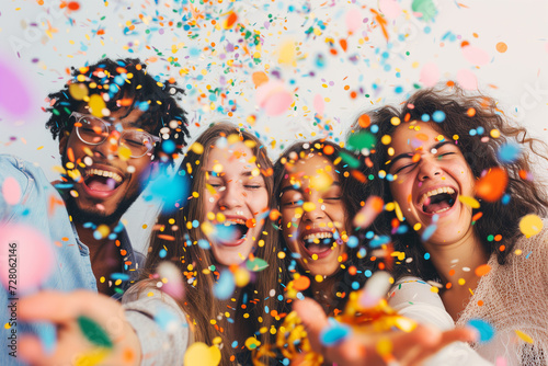 An image portraying a milestone celebration, Employees are commemorating achievements and successes together, Group of young happy smiling people surrounded by confetti isolated on white background