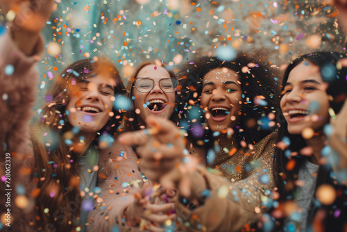An image portraying a milestone celebration, Employees are commemorating achievements and successes together, A concept photograph of party and festivity, Group of young people surrounded by confetti. © Ishra
