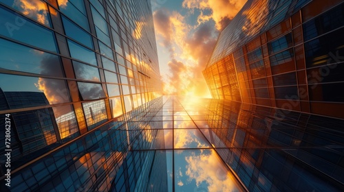 clouds and the setting sun reflected on the glass surface of buildings  blending urban architecture with natural phenomena in a mesmerizing display.