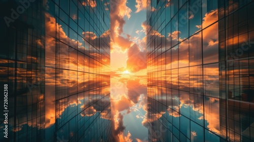 Wallpaper Mural clouds and the setting sun reflected on the glass surface of buildings, blending urban architecture with natural phenomena in a mesmerizing display. Torontodigital.ca