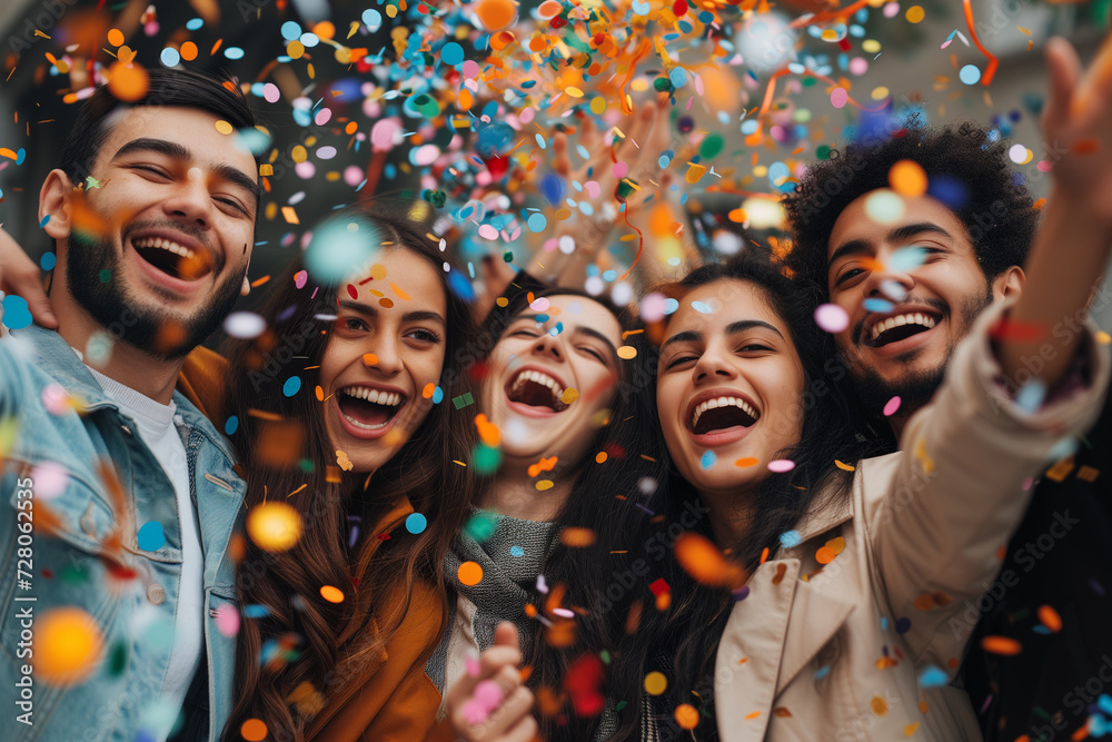 An image portraying a milestone celebration, Employees are commemorating achievements and successes together, A concept photograph of party and festivity, Group of young people surrounded by confetti. An image portraying a milestone celebration, Employees are commemorating achievements and successes together, A concept photograph of party and festivity, Group of young people surrounded by confetti.