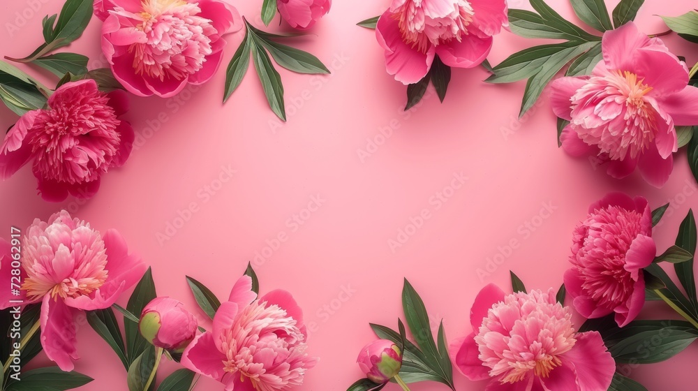 Pink peonies on a pastel pink background, floral frame design, happy mother's day, space for text