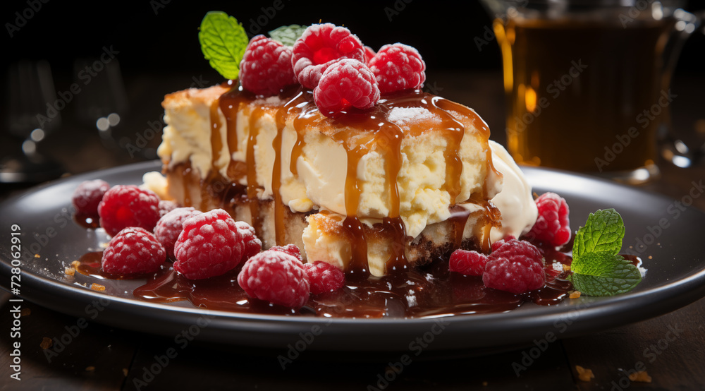Leckerer Käsekuchen mit Früchten, Käsetorte auf einem Teller angerichtet Leckerer Käsekuchen mit Früchten, Käsetorte auf einem Teller angerichtet