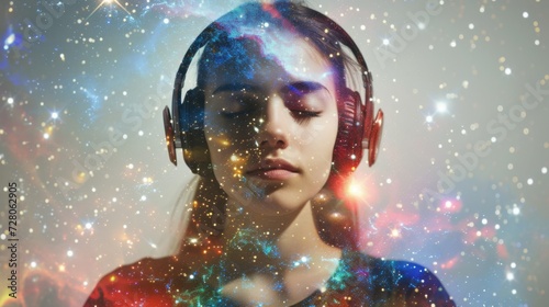 Girl with cosmic stars overlay enjoying music on headphones.
