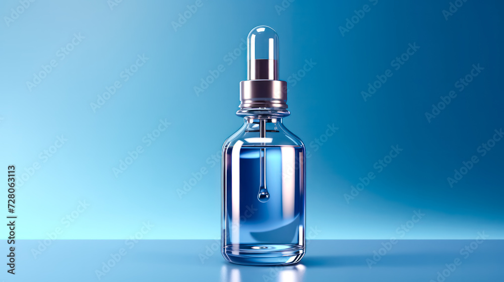 Elevate your skincare routine with a glass bottle featuring a pipette on a soothing light blue background. A chic and calming image for beauty and cosmetic concepts. Elevate your skincare routine with a glass bottle featuring a pipette on a soothing light blue background. A chic and calming image for beauty and cosmetic concepts.