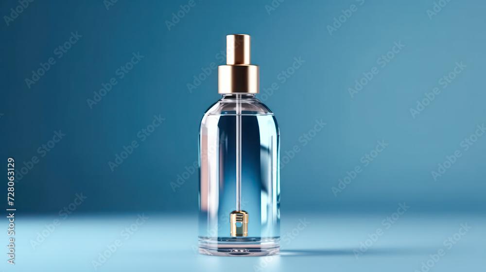 Elevate your skincare routine with a glass bottle featuring a pipette on a soothing light blue background. A chic and calming image for beauty and cosmetic concepts. Elevate your skincare routine with a glass bottle featuring a pipette on a soothing light blue background. A chic and calming image for beauty and cosmetic concepts.