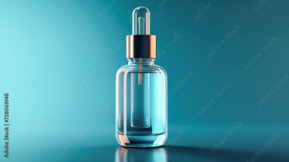 Elevate your skincare routine with a glass bottle featuring a pipette on a soothing light blue background. A chic and calming image for beauty and cosmetic concepts.