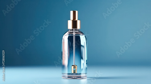 Elevate your skincare routine with a glass bottle featuring a pipette on a soothing light blue background. A chic and calming image for beauty and cosmetic concepts.