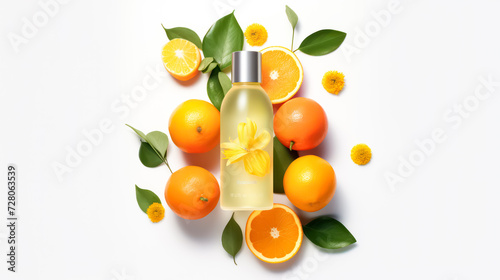 Experience the freshness of cosmetics with a glass bottle set against a backdrop of vibrant citrus fruits. A zesty and invigorating image for beauty and skincare concepts.