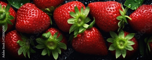 Fresh ripe red strawberries, exocit healthy bio fruit food panorama banner. Generative Ai © annamaria