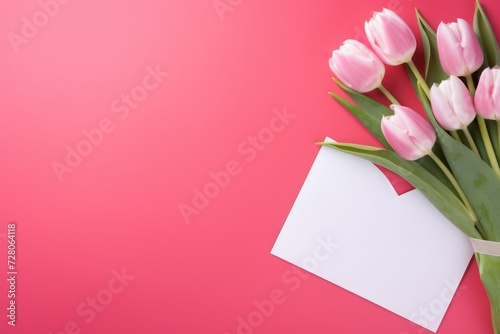 Empty white envelope mockup for text with beautiful pink tulip bouquet on red background. Template for holiday spring greeting, copy space, Valentine's day, Mother's day, Women's Day and love concept.