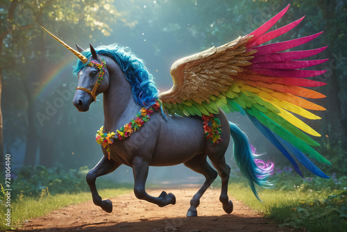 Colorful winged pegasus with unicorn horn