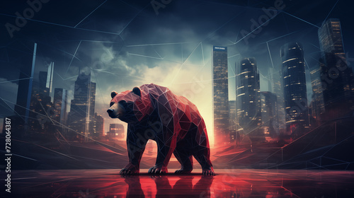 Aktienhandel, Konzept für einen bärish Aktienmarkt, Negative Aktien, Bär aus Polygonen mit rotem Licht