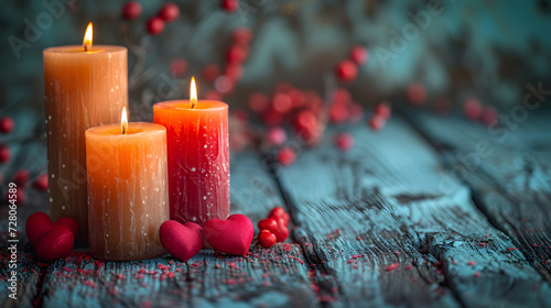 Candles with hearts over wood background with copy space