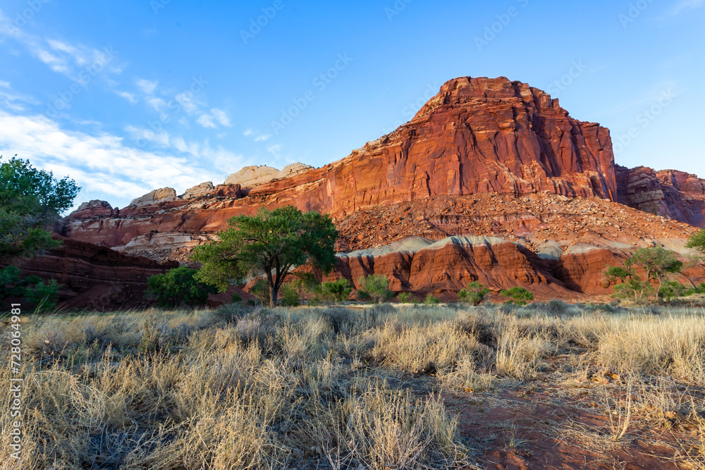 Beautiful landscape with the orange color rock formation in the Capitol Reef National Park, Utah