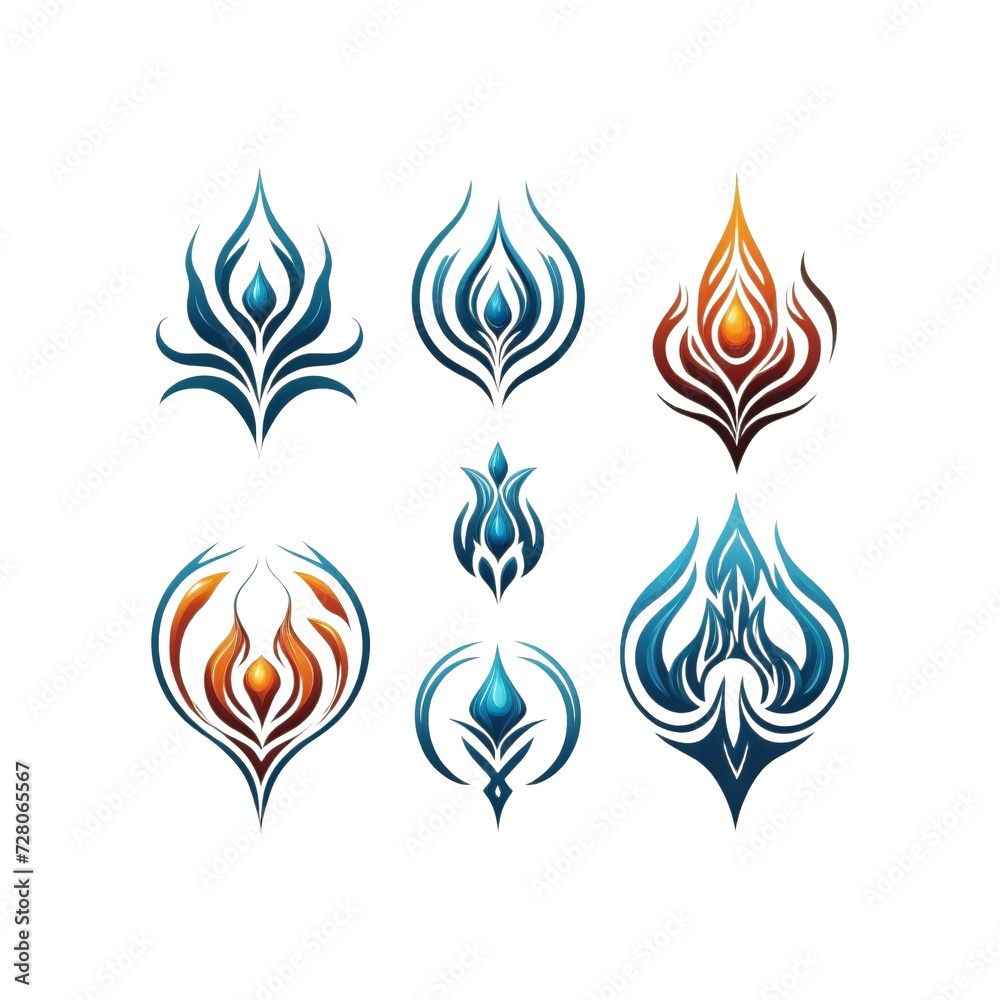 Elegant Abstract Flame-Inspired Logo Designs in Blue and Orange Hues, Set of Seven Unique Fire and Ice Themed Logos