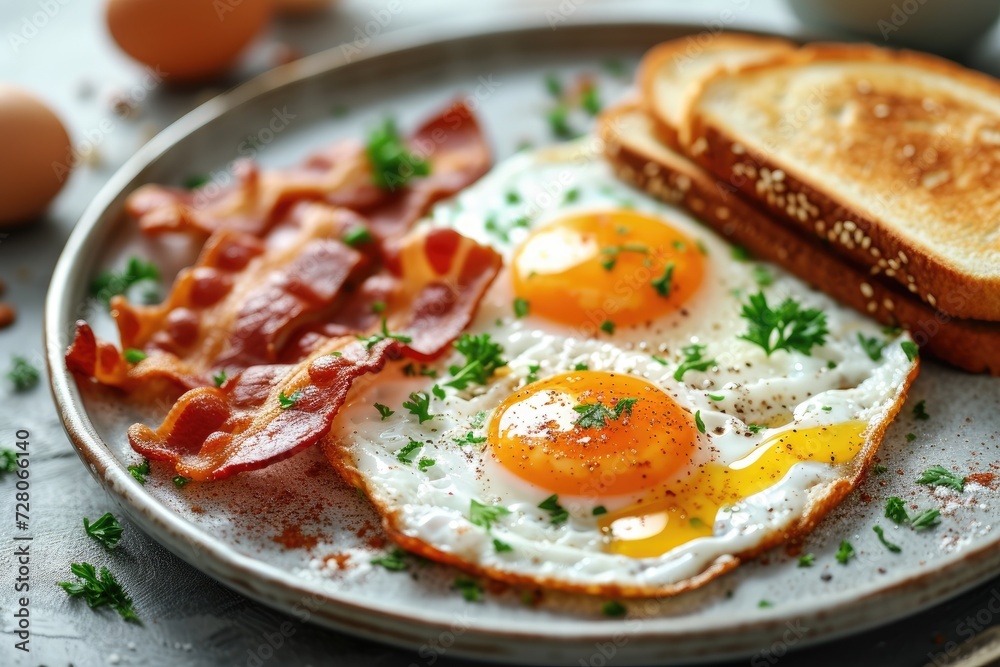 A high angle shot of a delicious breakfast spread featuring sunny-side-up eggs, crispy bacon, and toast Breakfast with fried eggs, bacon and toasts A high angle shot of a delicious breakfast spread featuring sunny-side-up eggs, crispy bacon, and toast Breakfast with fried eggs, bacon and toasts