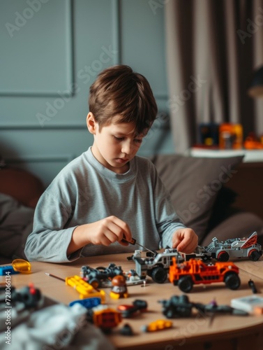 Concentrated young boy assembling colorful building blocks on a table