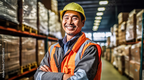 A dedicated warehouse worker, smiling in a logistic center, exemplifying Asian worker wearing hard hat and safety vests. Engaged in shipment activities in a storehouse, showcasing professionalism in a