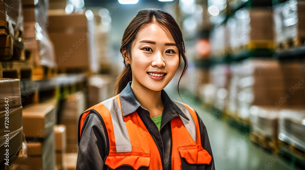 A young, smiling female worker, donned in a vest, efficiently manages a factory warehouse. She diligently checks stocks, organizes deliveries, and prepares products for packaging and orders. A portray A young, smiling female worker, donned in a vest, efficiently manages a factory warehouse. She diligently checks stocks, organizes deliveries, and prepares products for packaging and orders. A portray