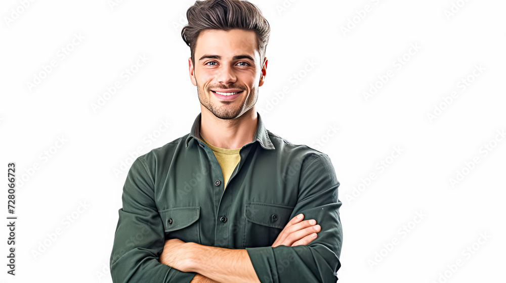 Radiating positivity, a warehouse worker in uniform smiles against a clean white background. A professional and approachable image for diverse concepts and designs. Radiating positivity, a warehouse worker in uniform smiles against a clean white background. A professional and approachable image for diverse concepts and designs.