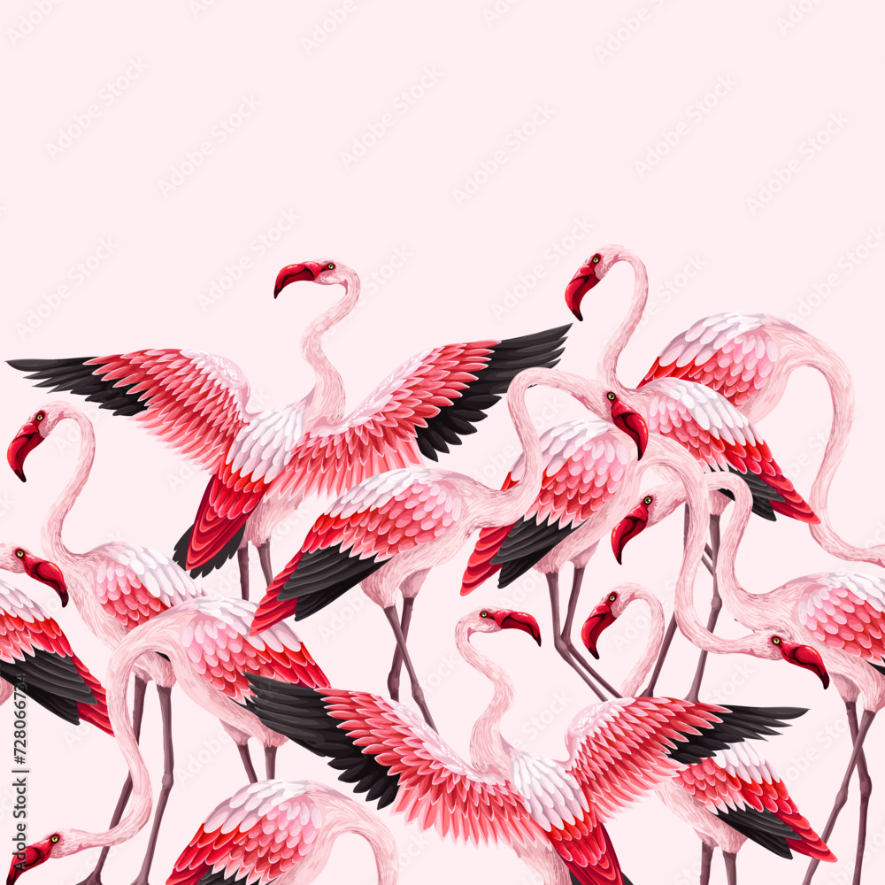 Fototapeta Border with pink flamingos. Vector.