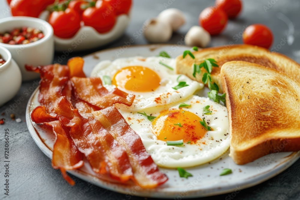 A high angle shot of a delicious breakfast spread featuring sunny-side-up eggs, crispy bacon, and toast Breakfast with fried eggs, bacon and toasts A high angle shot of a delicious breakfast spread featuring sunny-side-up eggs, crispy bacon, and toast Breakfast with fried eggs, bacon and toasts