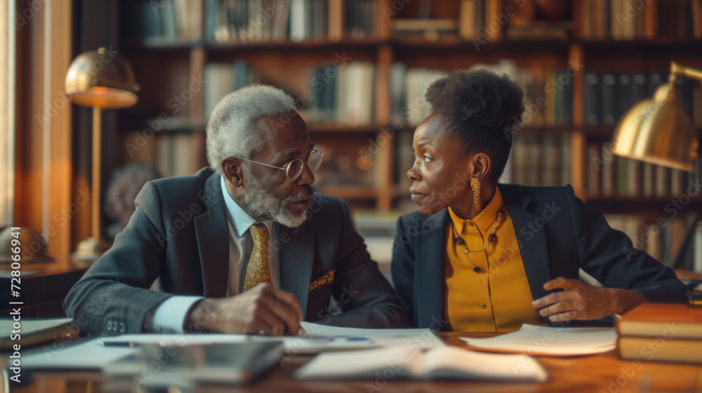 Senior African American business professionals discuss in a library setting