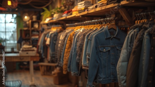 Warmly lit boutique with rustic racks of denim and winter clothing