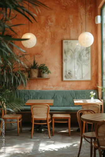 Cozy cafe interior with warm peach walls and greenery