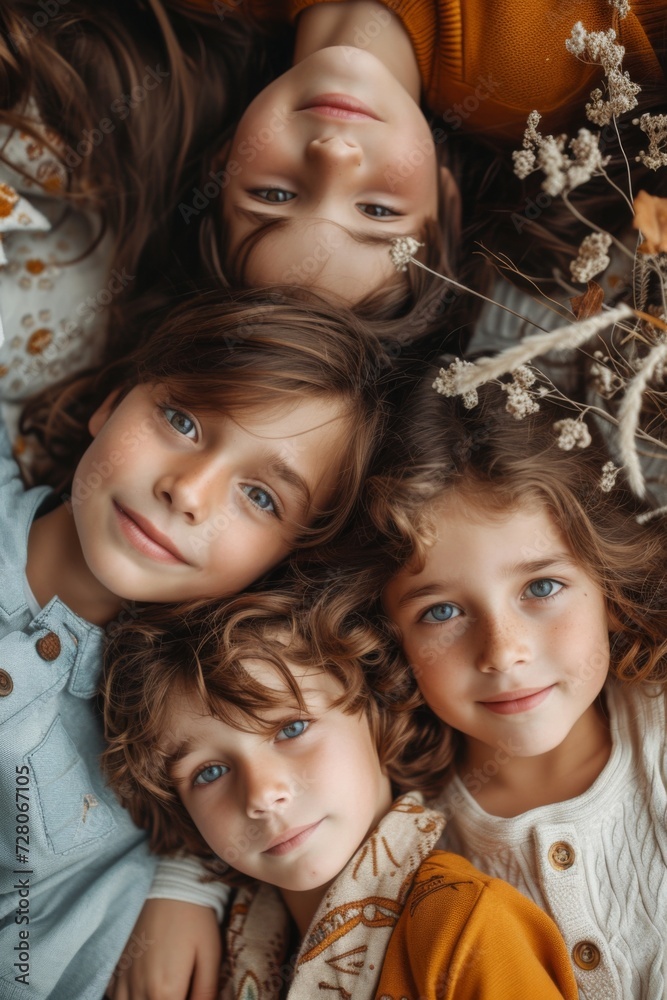 Four children lying together, bonding in warm, autumnal colored clothes Four children lying together, bonding in warm, autumnal colored clothes