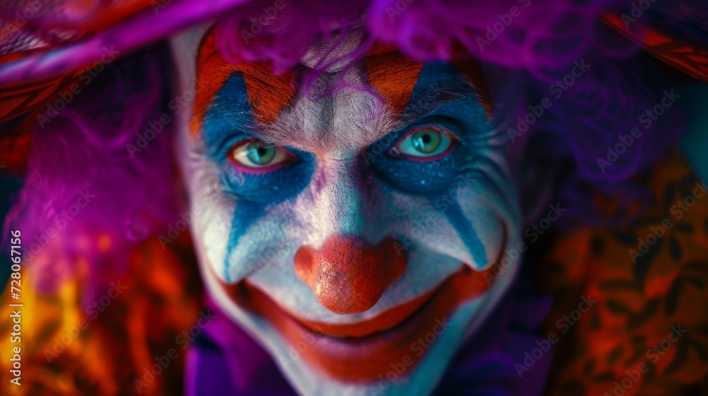 Close up of a vibrant clown with detailed face paint and a joyous expression