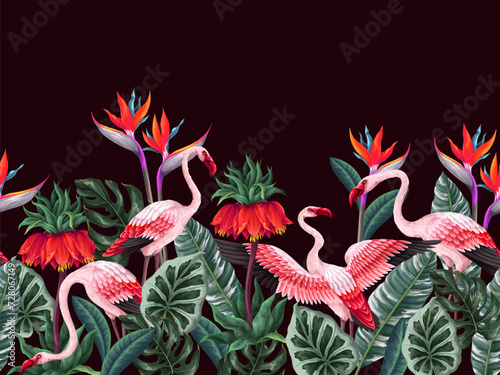 Border with pink flamingos and exotic flowers. Vector.