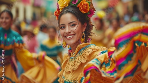 A joyful dancer in vibrant traditional dress celebrates at a Cinco De Mayo parade; cultural pride