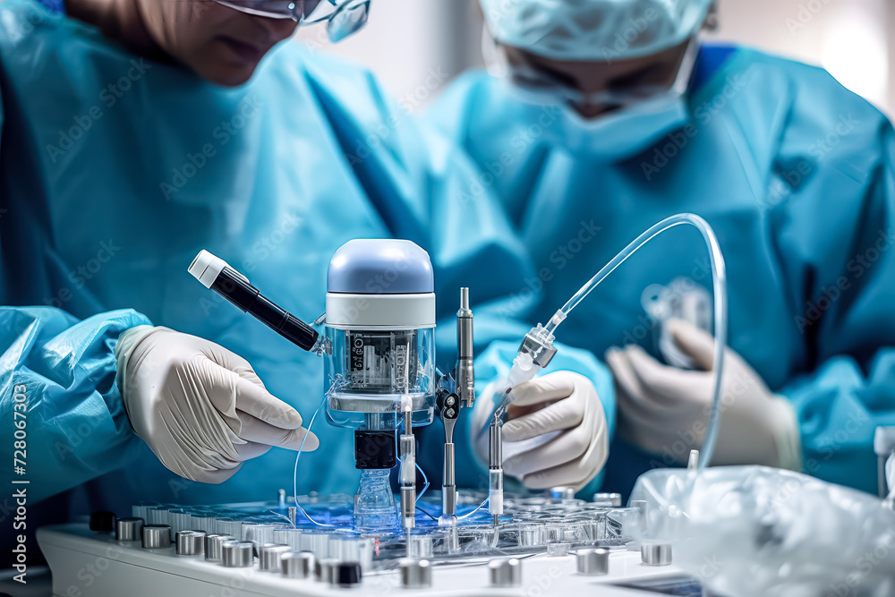 Fototapeta premium Microscope, science, and a dedicated team of scientists conduct research, medicine innovation, and biotechnology in healthcare. Pharmaceutical students in a laboratory meticulously work on studying ba