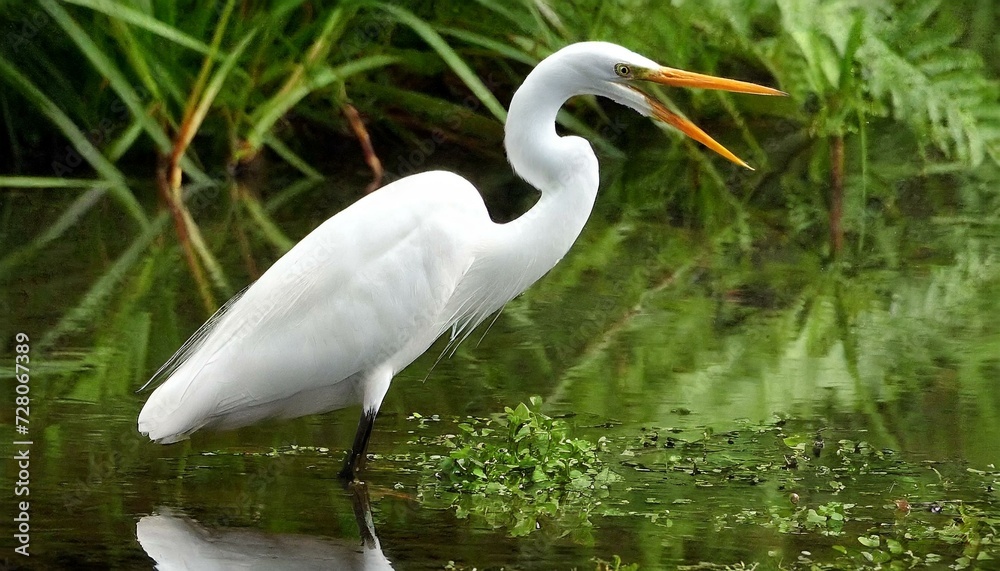 Naklejka premium white heron resting in the river with a mouth open
