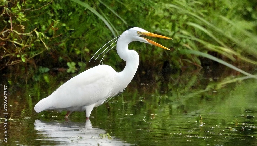 white heron resting in the river with a mouth open white heron resting in the river with a mouth open