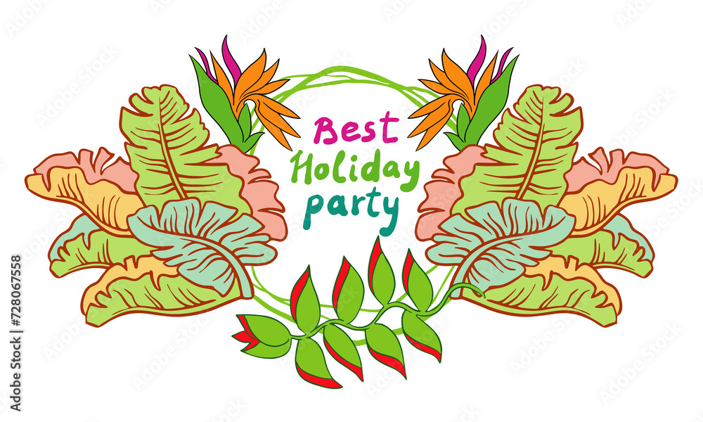 Tropical holiday frame background with palm leaves and flowers. Decorative elements design for party invitation, summer sale, vacation paradise promotion. Hand drawn illustration.