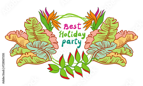 Tropical holiday frame background with palm leaves and flowers. Decorative elements design for party invitation, summer sale, vacation paradise promotion. Hand drawn illustration.