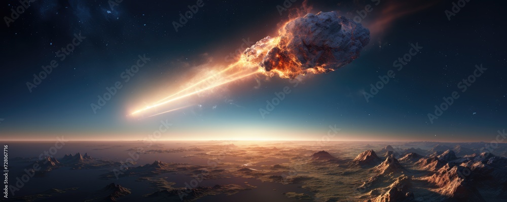Meteor glowing as it enters the Earth's atmosphere, ultra realistic panorama. Generative Ai.