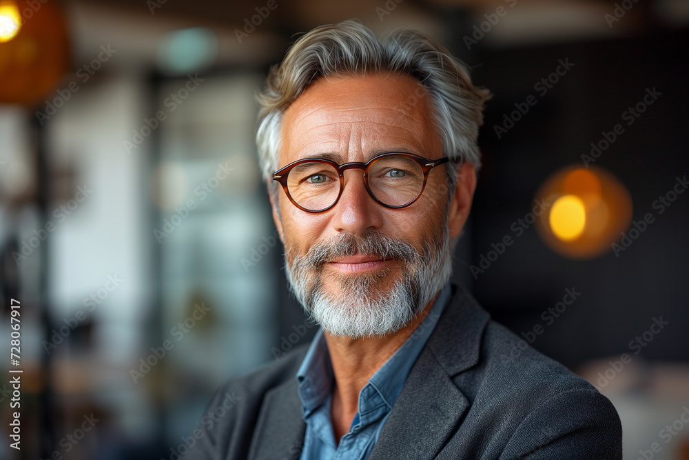 Portrait of a handsome senior businessman with grey hair wearing glasses in a cafe background. Portrait of a handsome senior businessman with grey hair wearing glasses in a cafe background.