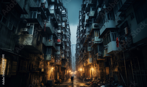 Wohngebiet in einer asiatischen Großstadt, heruntergekommene Gebäude, Gebäude mit Charakter in Hong Kong