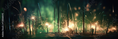 sparking sparkler in the green area. sparkler fire with blurred bokeh background. new year or St. Patrick s Day. banner
