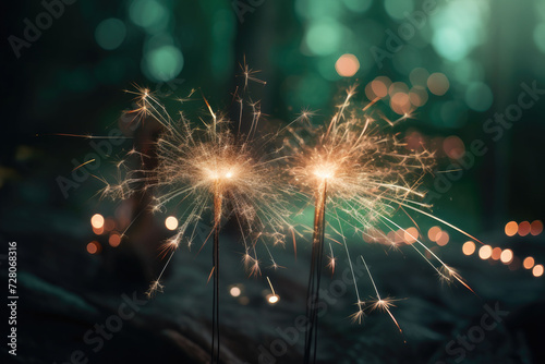 sparking sparkler in the green area. sparkler fire with blurred bokeh background. new year or St. Patrick's Day.